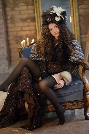 Curly haired brunette Jasmin A strips her black dress and lingerie to reveal a petite body.