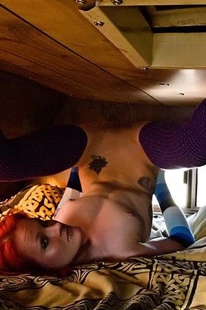 Slim babe in violet opaque stockings Dolly Destruction teases and rubs her smooth pussy