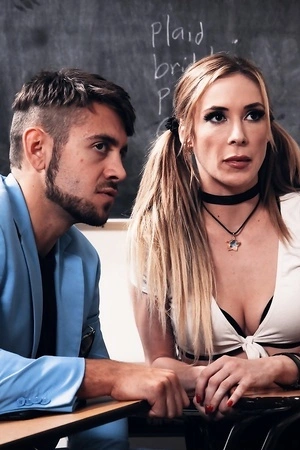 Skinny schoolgirl in high-knee socks gets eaten out and shagged in the classroom