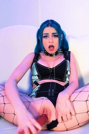 Blue-haired nympho warms up with long dildo before getting laid