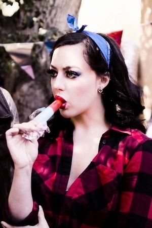 Dark-haired nympho with natural tits gets gangbanged