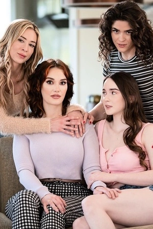 Four horny lesbian babes have fun in the living room