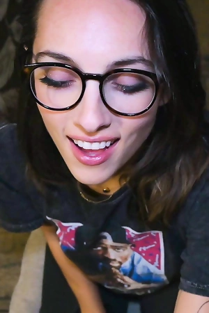 Dark-haired bimbo with glasses enjoys steamy POV pounding