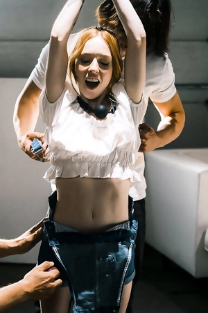 Tiny redhead babe Madi Collins gets spit roasted on the couch