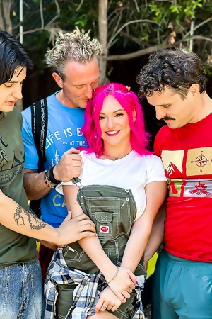 Pink-haired slut Gracie Gates gets gangbanged in a tent