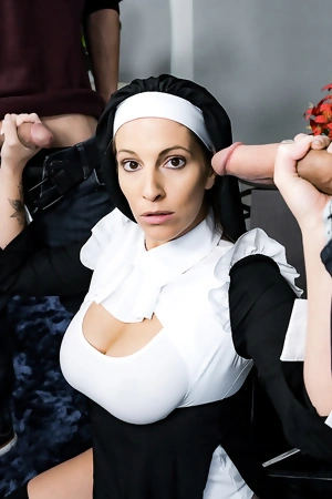 Busty nun in stockings gets properly fucked by 2 young boys