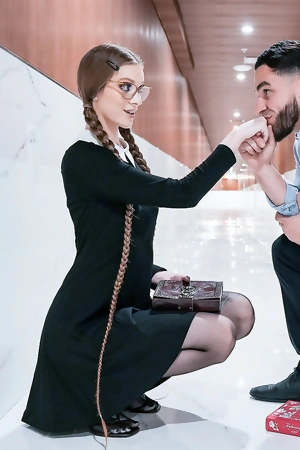 Long-haired bookworm with glasses gets fucked through the hole in her pantyhose