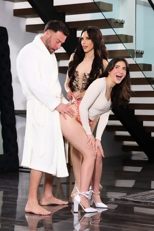 Sassy brunettes Hime Marie and Jane Wilde share rock hard cock