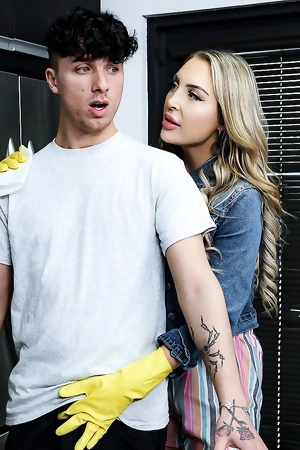 Harper Hill deethroats and rides young cock until it explodes