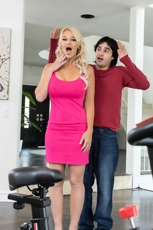 Bosomed yoga MILF London River fucks younger dude on the couch