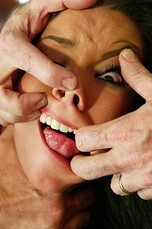 Cute teen brunette Tanner Mays with pink gag ball in her mouth gets her pussy drilled