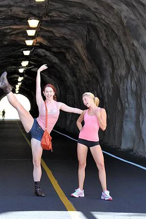 Enticing outdoor session from sassy Lena Nicole and Melody Jordan showing off nude tits