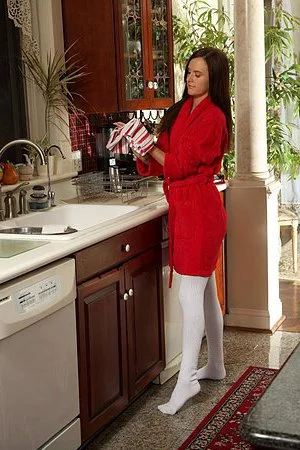 Naughty brunette doll in striped stockings Jayden Taylors stuffs a huge cucumber in her hole