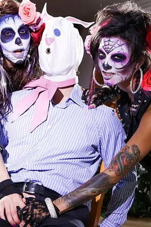 Uniformed girls Gia Dimarco and Bonnie Rotten are playing femdom games with submissive man