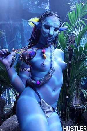 Misty Stone as a girl from Avatar shows off her perky tits and blue pussy