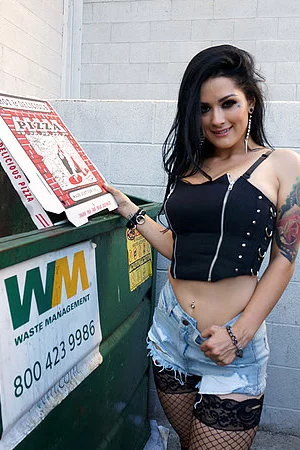 Heavy chested tattooed brunette Katrina Jade gets slammed hardcore in the public toilet