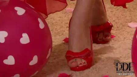 Seducing chick Abbie Cat is gonna show her awesome big boobs underneath red dress