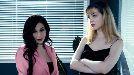 Joanna Angel and assistant Aliya Brynn eat pussies on the table