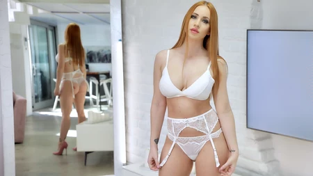 Redhead beauty in sexy white lingerie gets fucked hard in threesome