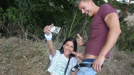 Long-haired vixen with no tits gets boned outdoors