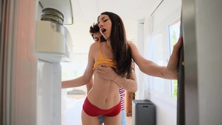 Cock-hungry brunette pleasuring her horny boyfriend in the kitchen