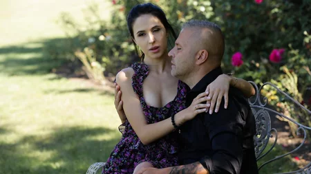 Raven-haired chick with natural tits gets sodomized outdoors