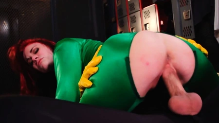 Redhead damsel gets eaten out and fucked through the hole in her pants