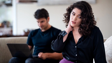 Curly-haired with small cans gets fucked by her colleague