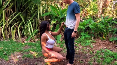 Nola Blu sucks white cock and gets fucked in the jungle