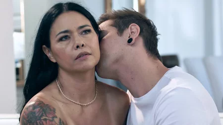 Tattooed Asian MILF Dana Vespoli gets boned on the sofa