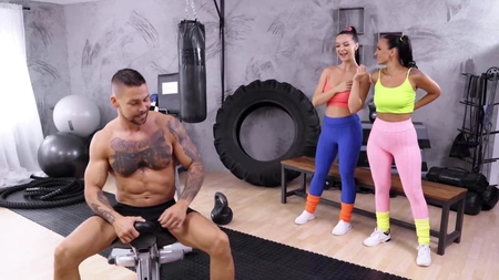 Lady Gang and Claudia Bavel pleasuring tattooed stud in the gym