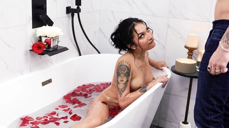 Tattooed Asian girl with natural tits gets fucked in the bathroom