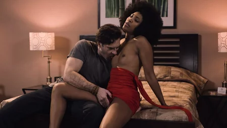 Curly-haired ebony Olivia Jay gets her cocoa pussy drilled and showered with fresh jizz