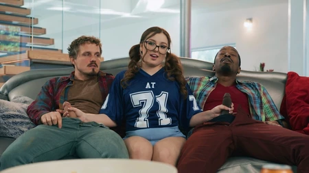 Pigtailed bimbo with glasses serves one white and one black cock at the same time