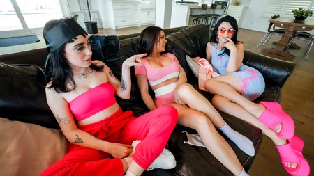 Frisky brunettes Savanah Storm, Ruby Moon and Anna Starr playing lesbian games in bed