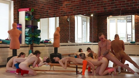 Five sporty young babes getting fucked by their aerobics instructor