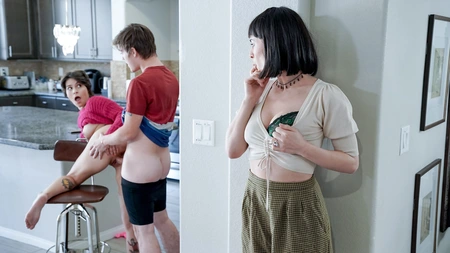 Short-haired sluts Nicole Aria and Olive Glass screwed on leather couch