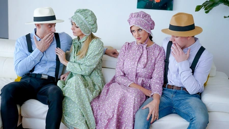 Naughty MILFs Penny Barber and Pristine Edge get pounded in the living room