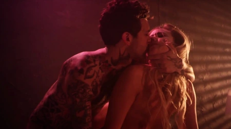 Busty blonde babe Addie Andrews blows and rides her tattooed lover in bed