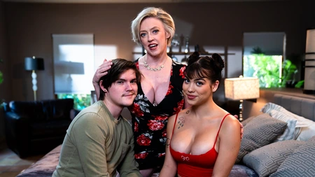 Dee Williams and Lilith Grace pleasuring tattooed dude in bed