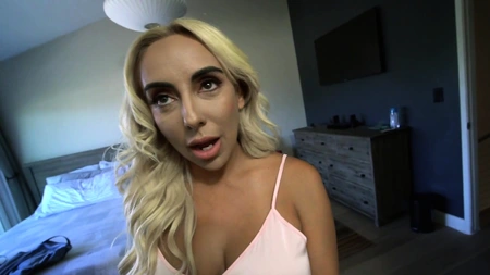 Kylie Kingston takes cum on her big tits after servicing hard dick