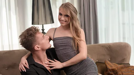 Slender blonde babe Bonnie Dolce gets sodomized on the sofa