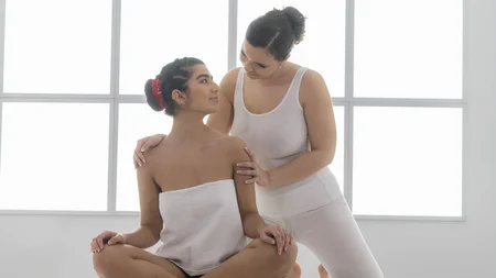 Lesbian hotties Aaeysha and Sofia Lee use their tongues to make each other cum