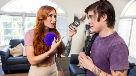 Tattooed redhead MILF with big juggs pleasures Tyler on the couch