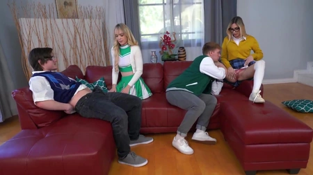 Pretty blonde babes Lilly Bell and Delilah Day get banged on leather couch