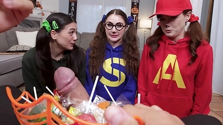 Cute teens Bella Blu, Jade Valentine and Megan Mistakes get banged in the living room