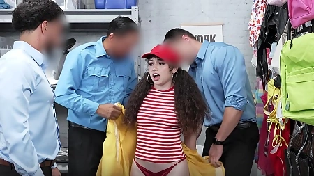 Curly-haired bimbo with natural boobs gets gangbanged